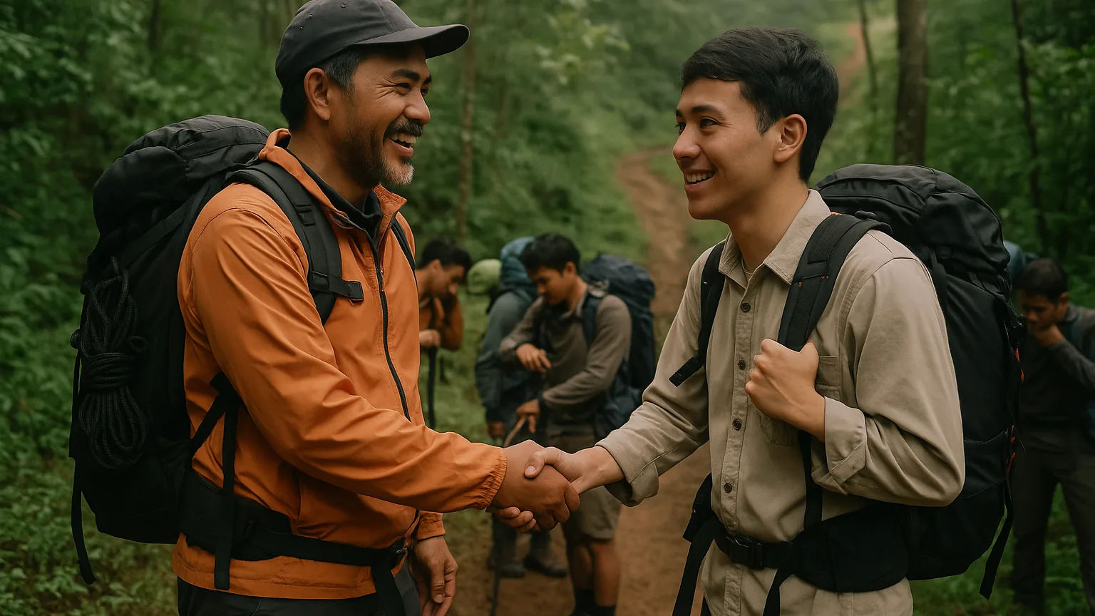 Pendaki berpengalaman mengenalkan pendatang baru yang gugup ke kelompok sebelum trek akhir pekan di gerbang jalur pendakian dekat Bandung