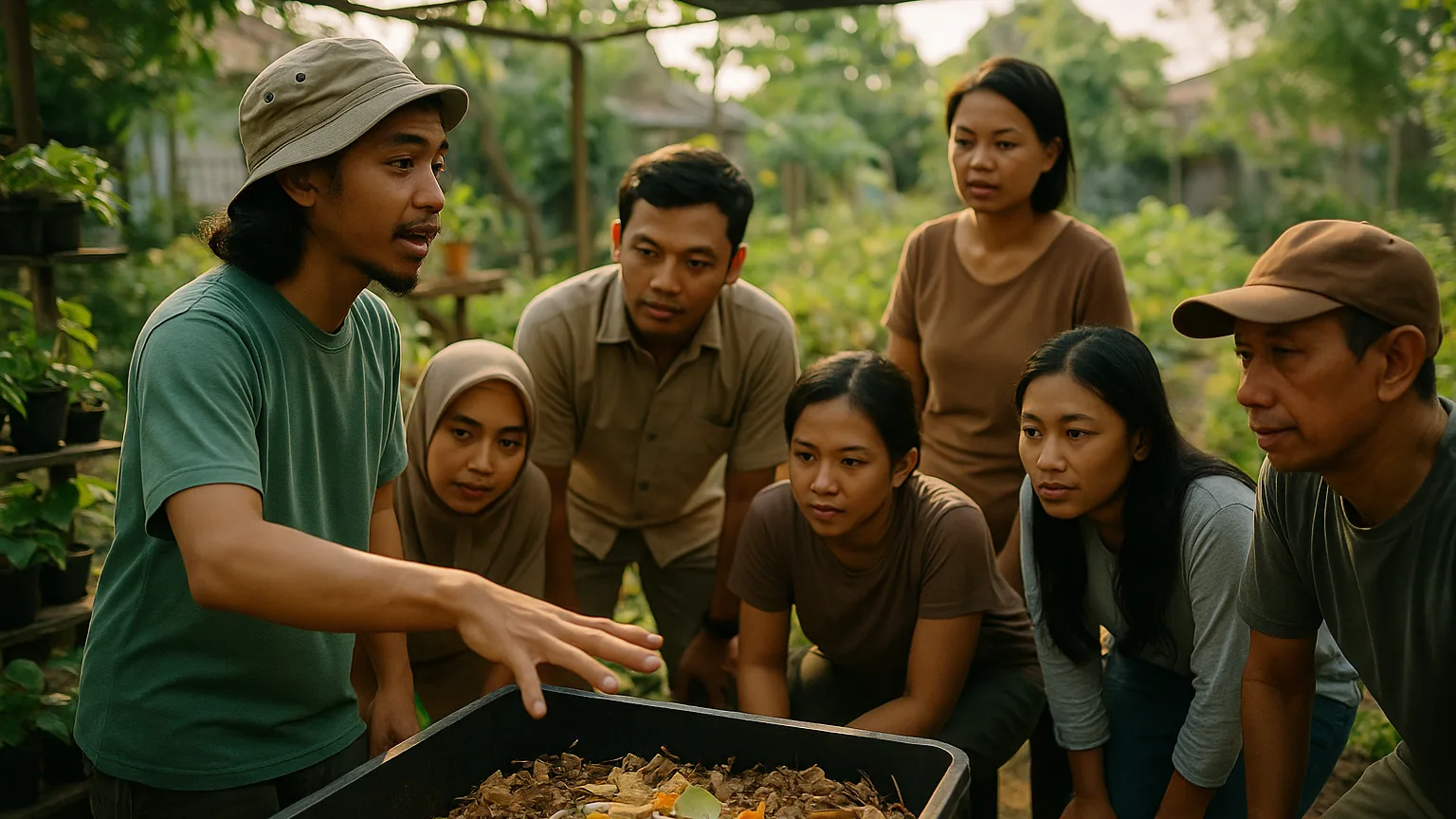Anggota kolektif pertanian kota memperagakan cara membuat kompos kepada kelompok kecil yang menyimak di kebun komunitas