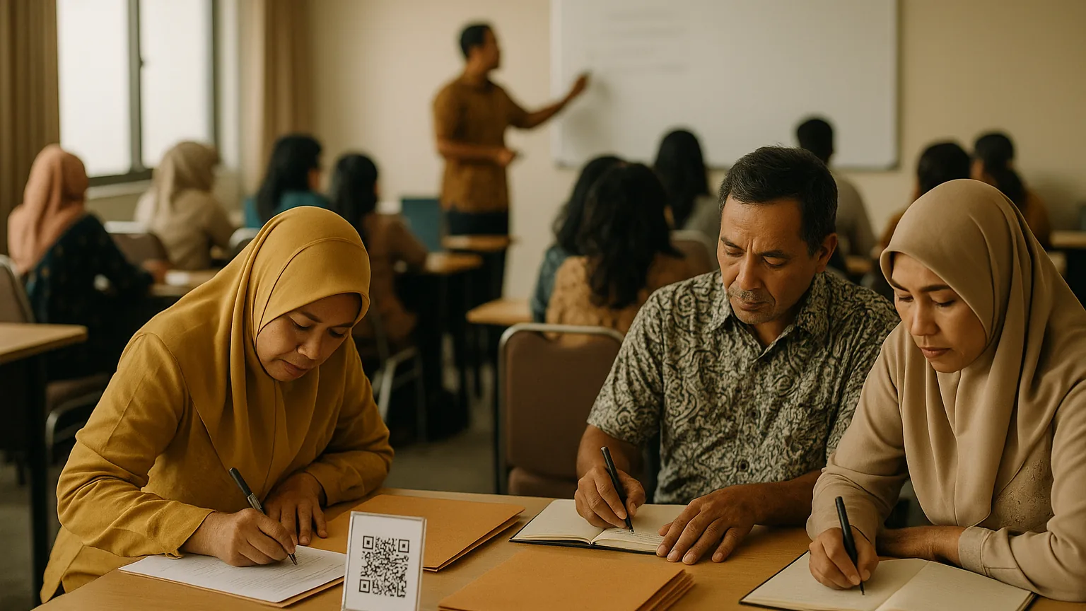 Asosiasi guru profesional menyelenggarakan lokakarya sertifikasi dan pengembangan keprofesian di ruang seminar