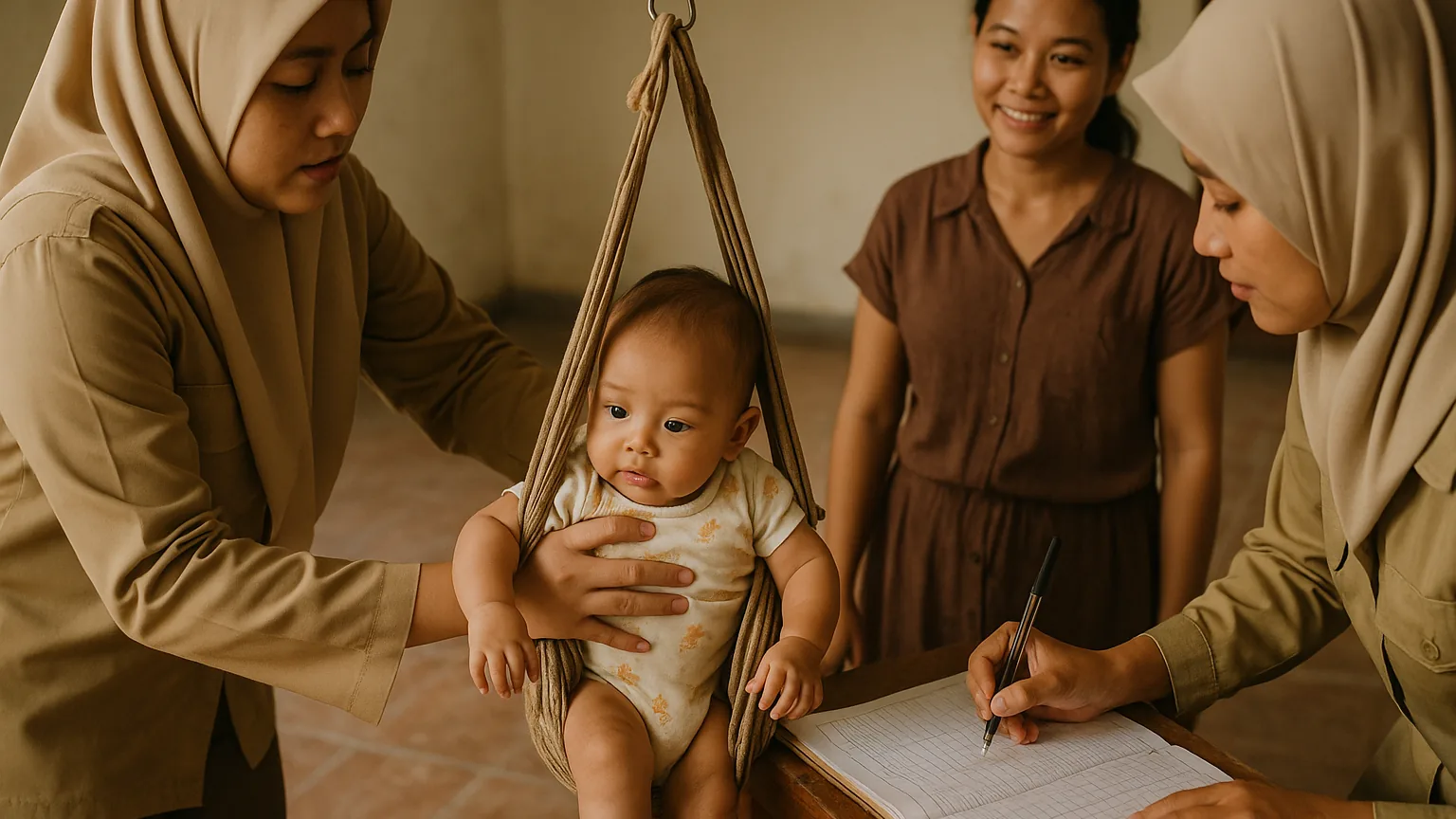 Relawan posyandu menimbang bayi sementara relawan lain mencatat di buku register pada sesi kesehatan komunitas