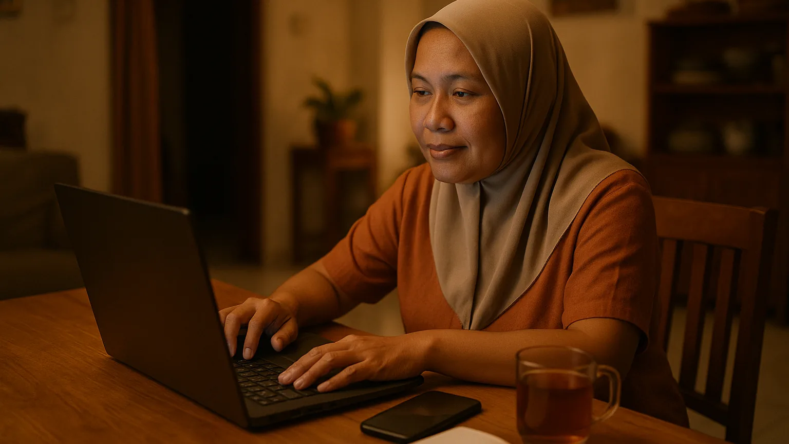 Seorang bendahara koperasi warga mencoba software keanggotaan di laptop di rumah, ponsel di sampingnya