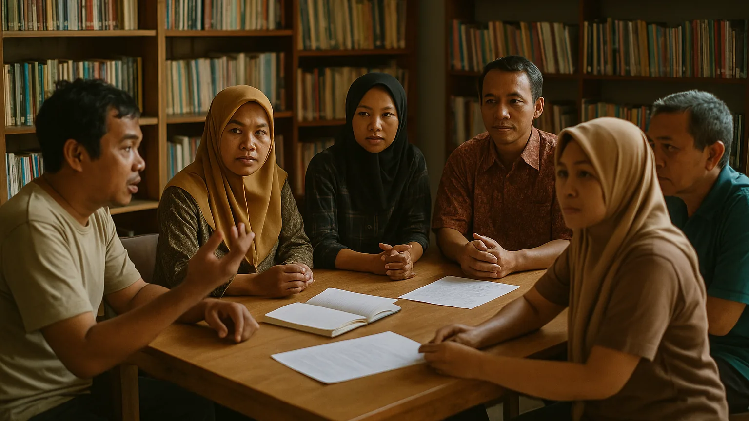 Pengurus yayasan rumah baca sedang rapat mengelilingi meja dikelilingi rak buku