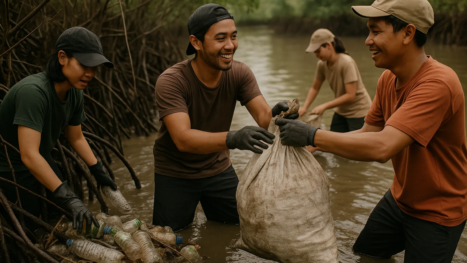 Relawan menyusuri muara hutan bakau mengangkuti sampah plastik saat kerja bakti komunitas