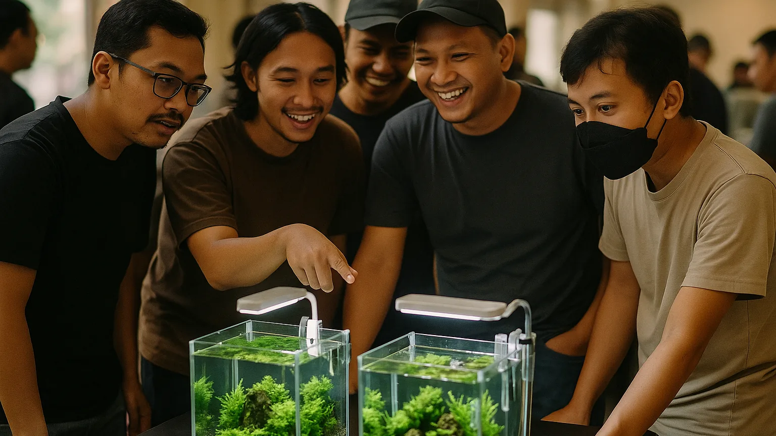Anggota komunitas aquascape berkumpul di sekitar akuarium bertanaman saat kopi darat, membahas tata letak masing-masing