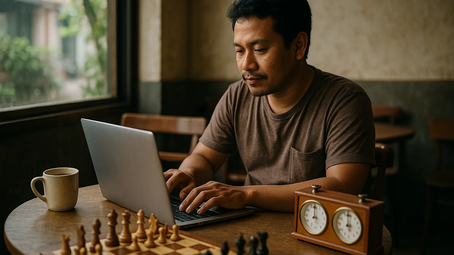 Pengurus klub catur menulis email di laptop dengan papan dan jam catur di sampingnya
