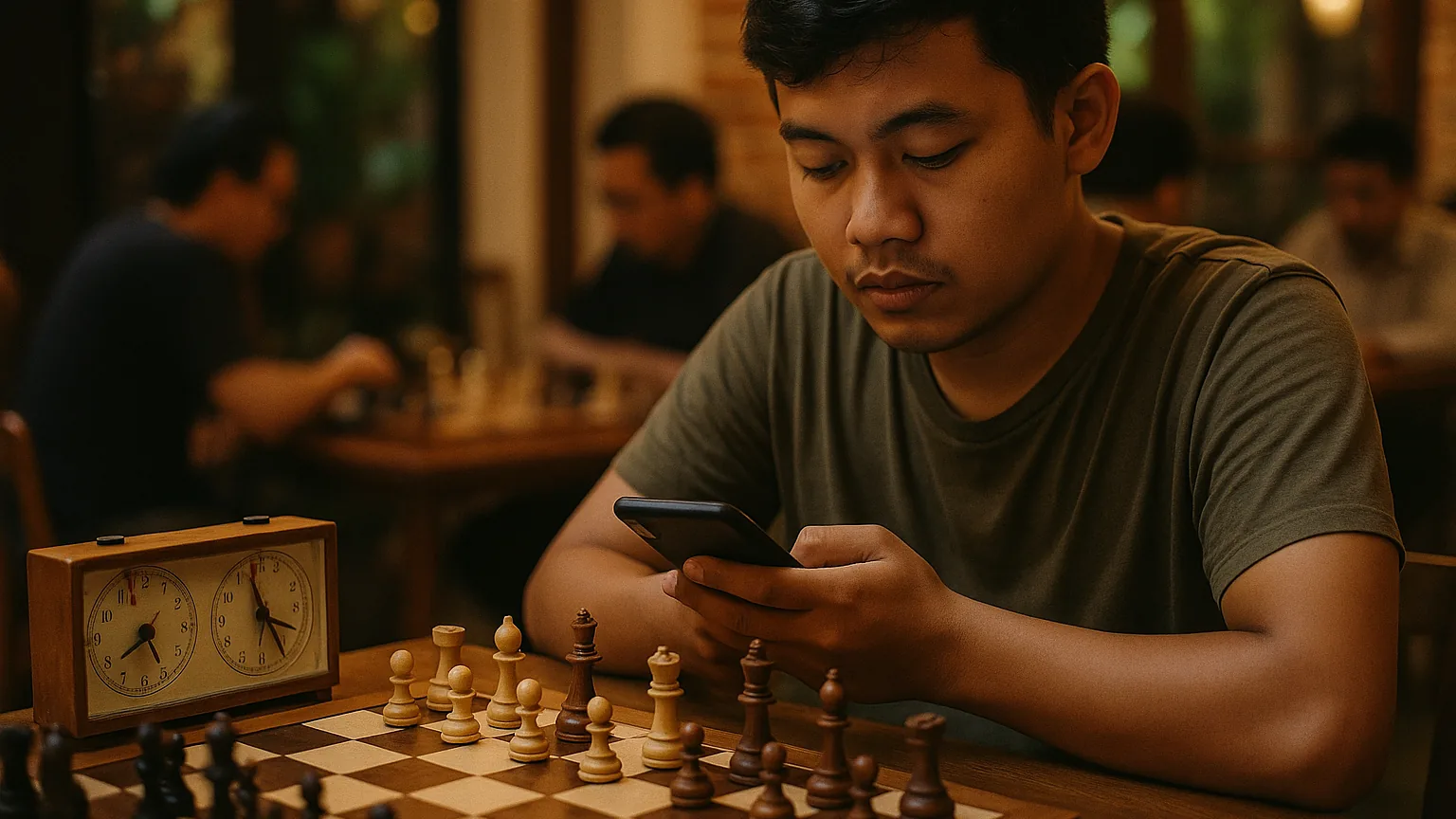 Pemain catur di tengah partai melirik notifikasi ponsel di samping papan dan jam catur