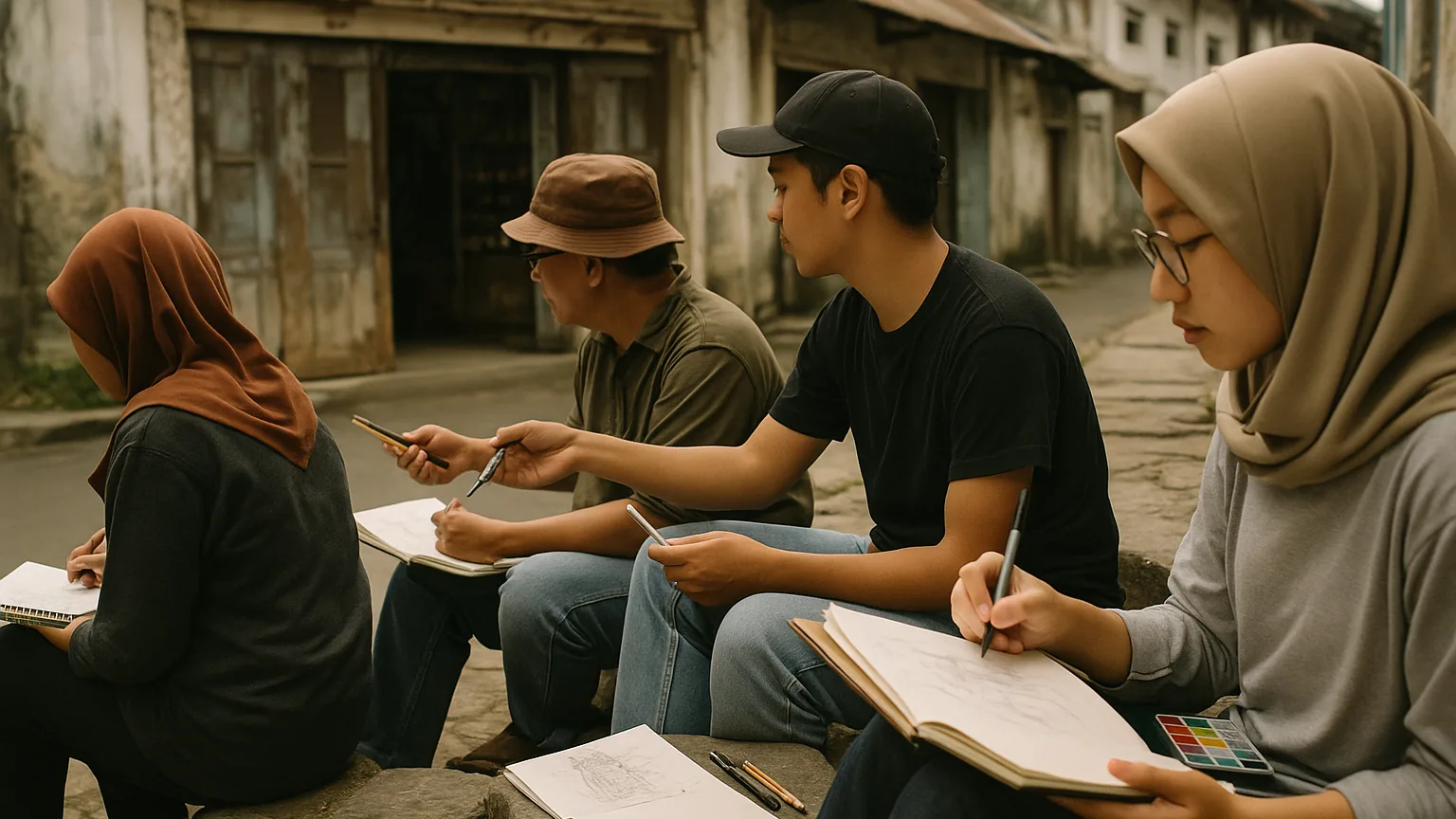 Sekelompok urban sketcher berbagai usia duduk di tangga menggambar ruko tua di Bandung