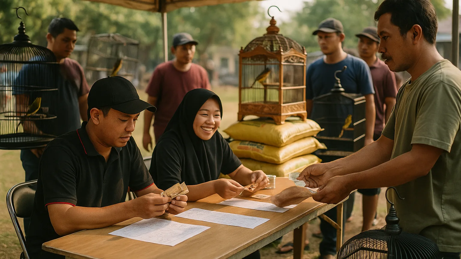 Panitia klub menjalankan meja pendaftaran di lomba burung kicau, mengumpulkan tiket peserta dengan hadiah doorprize tertumpuk di belakang