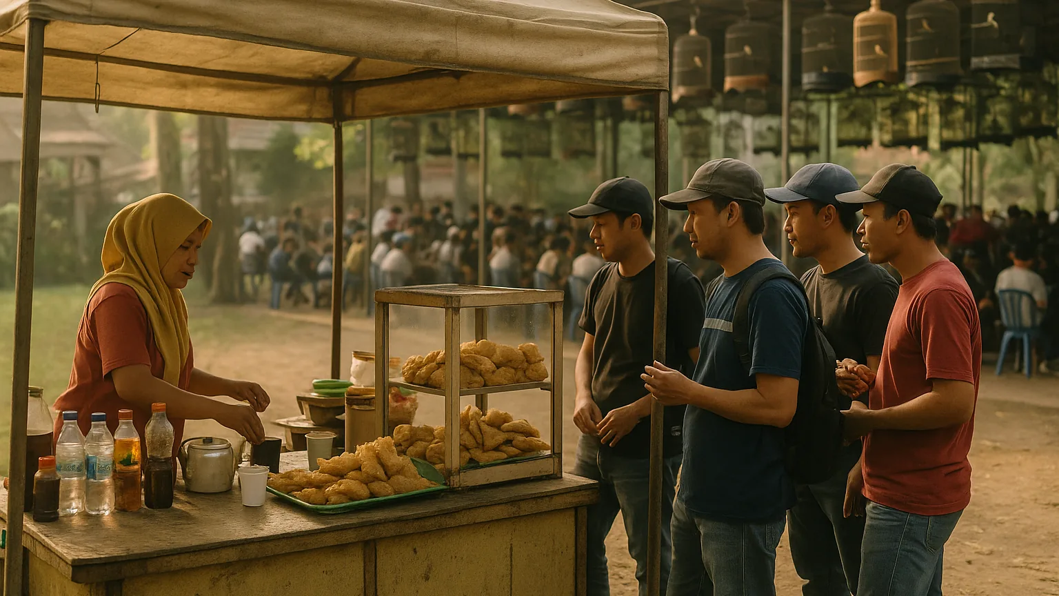 Lapak makanan dan minuman di samping gantangan saat lomba burung kicau, dengan penghobi burung membeli kopi dan camilan di sela babak
