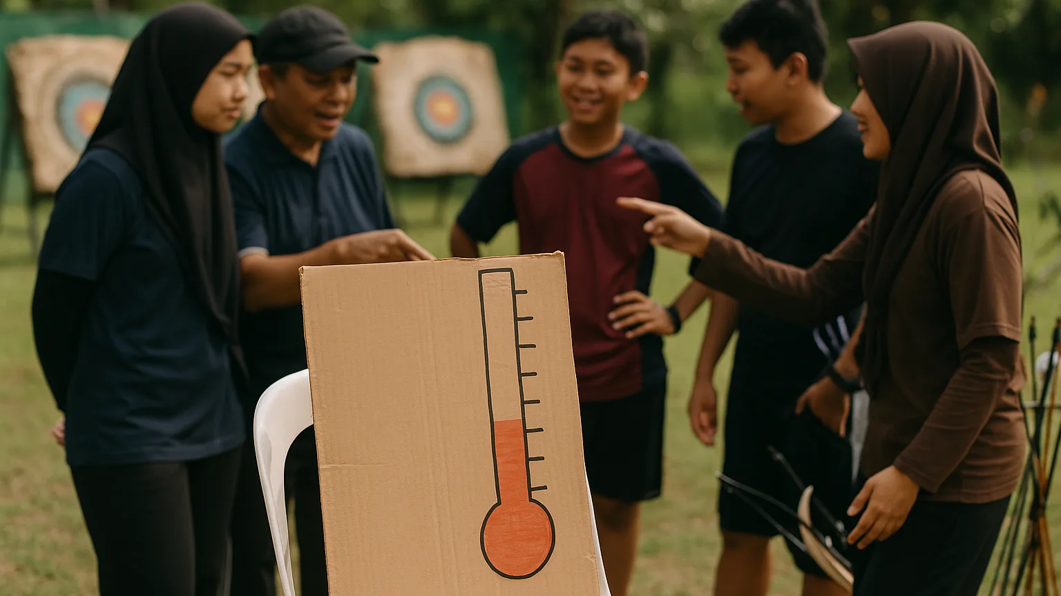 Papan progres penggalangan dana tulisan tangan di lapangan panahan menunjukkan dana terkumpul untuk peralatan baru