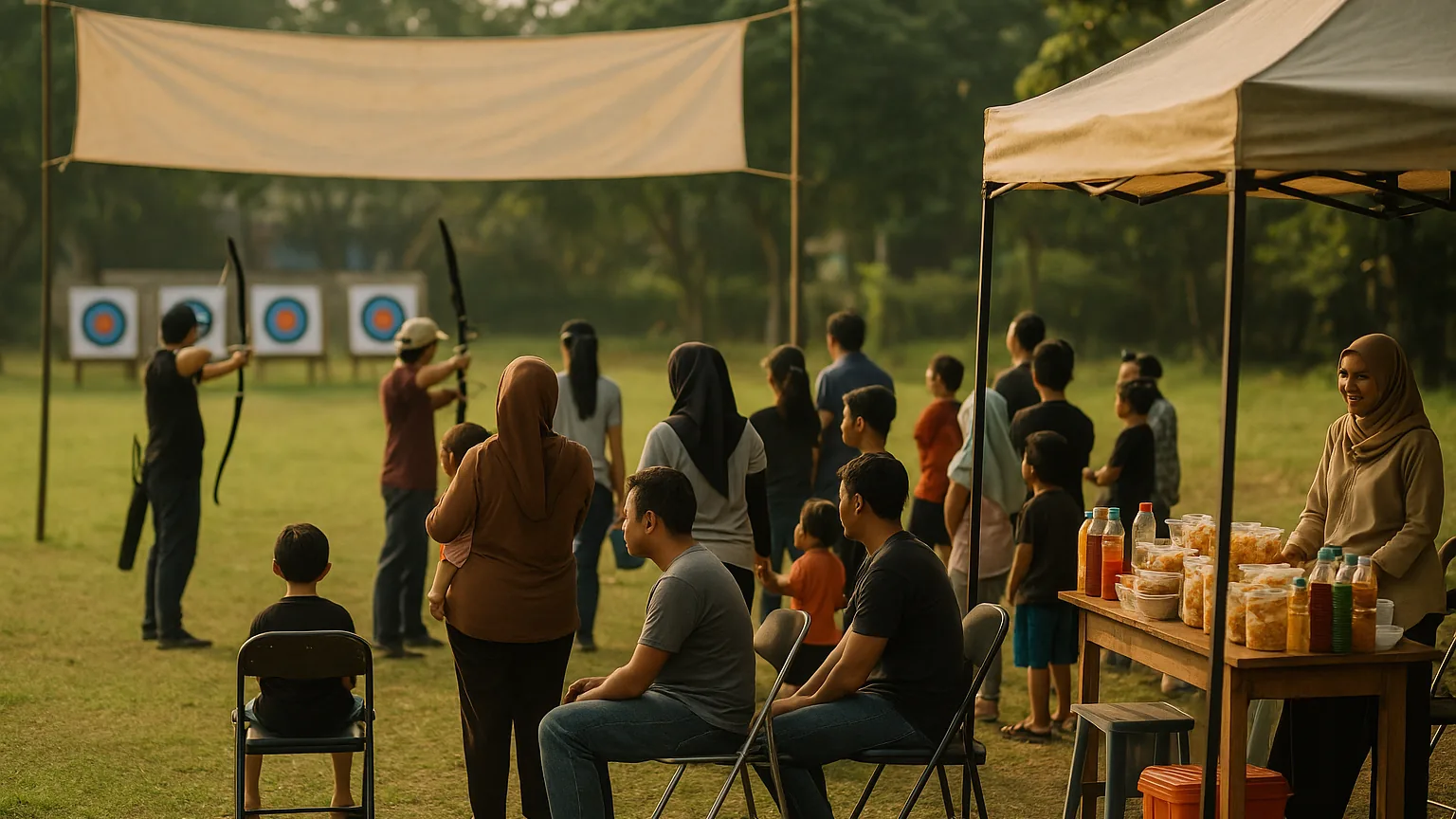 Acara lomba panahan santai klub komunitas dengan lapak makanan dan anggota berkumpul di lapangan