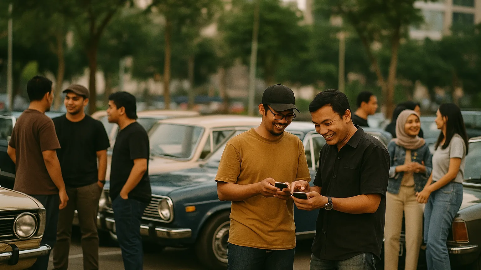 Para pemilik mobil klasik berkumpul di sekitar kendaraan mereka saat kopdar akhir pekan, mengobrol dan bertukar kontak