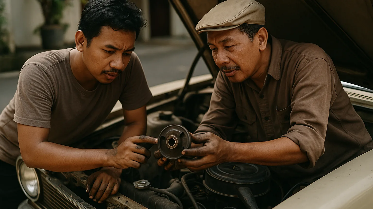 Dua penggemar mobil klasik bekerja bersama di bawah kap mesin sedan tua yang terbuka, membandingkan suku cadang