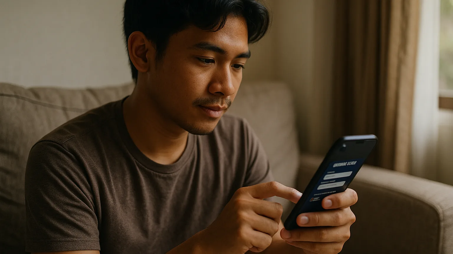 Seorang gamer muda Indonesia mendaftar ke komunitas esports lewat website keanggotaan memakai ponselnya