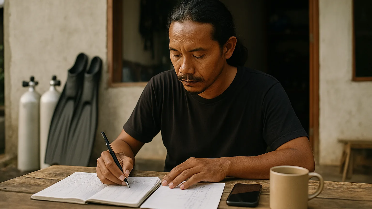 Pengurus komunitas selam di meja depan toko memeriksa buku catatan keanggotaan dan angka-angka di samping tabung scuba dan fin freediving