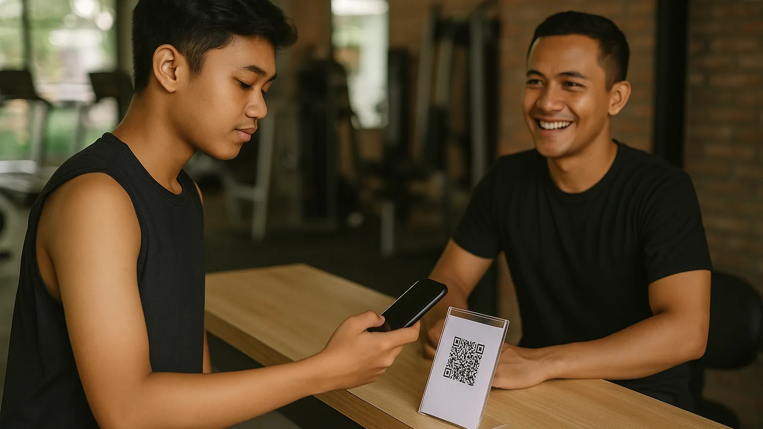 Anggota gym memindai kode QRIS dengan ponselnya di meja depan sebuah studio kebugaran komunitas