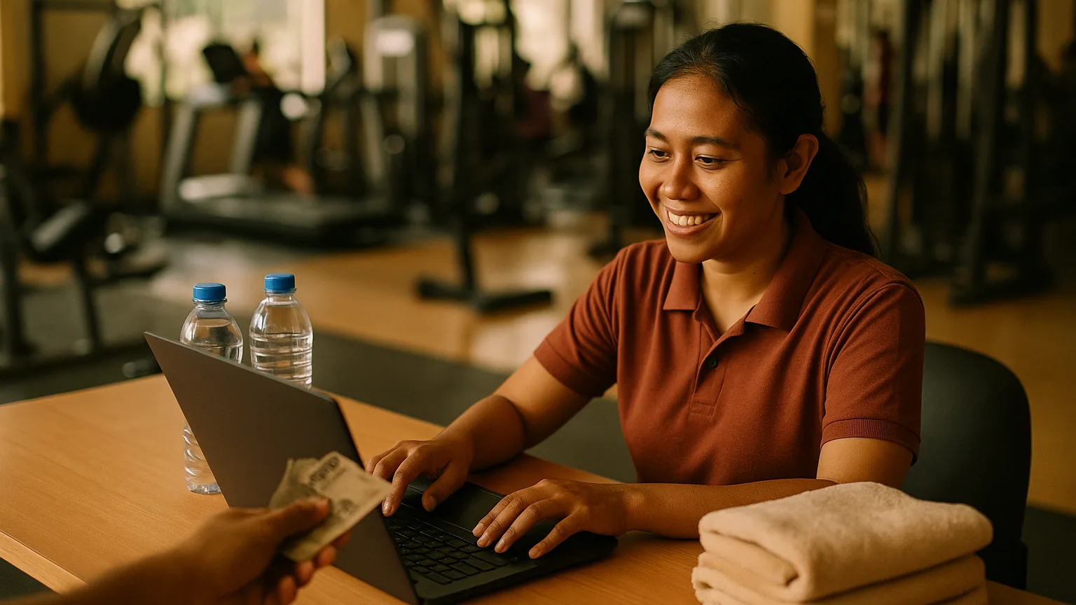 Pengelola gym di meja depan mencatat pembayaran keanggotaan tunai di laptop