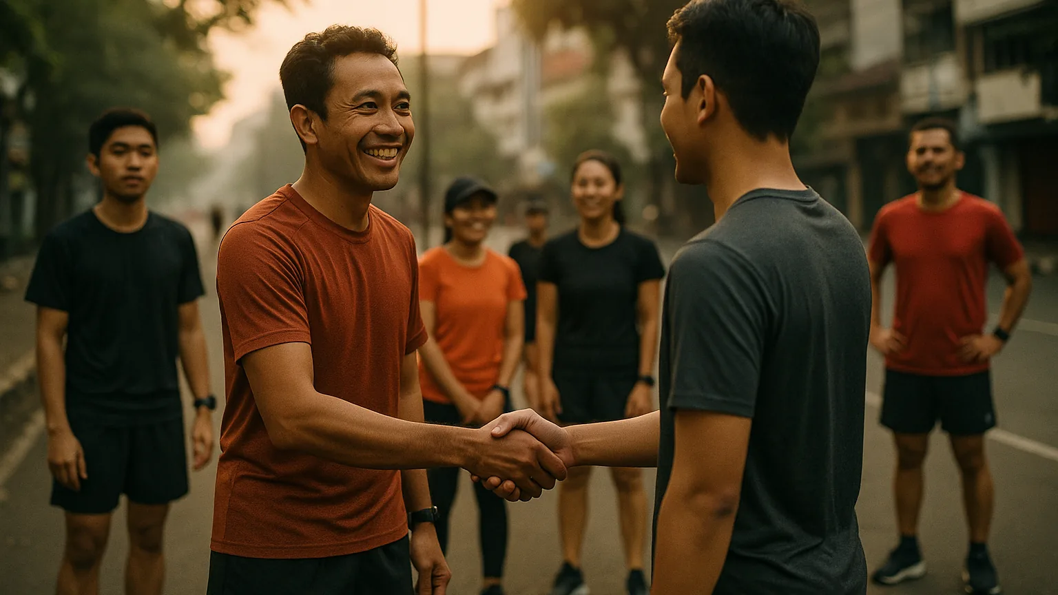 Seorang pelari mengenalkan temannya ke kelompok saat lari komunitas pagi hari