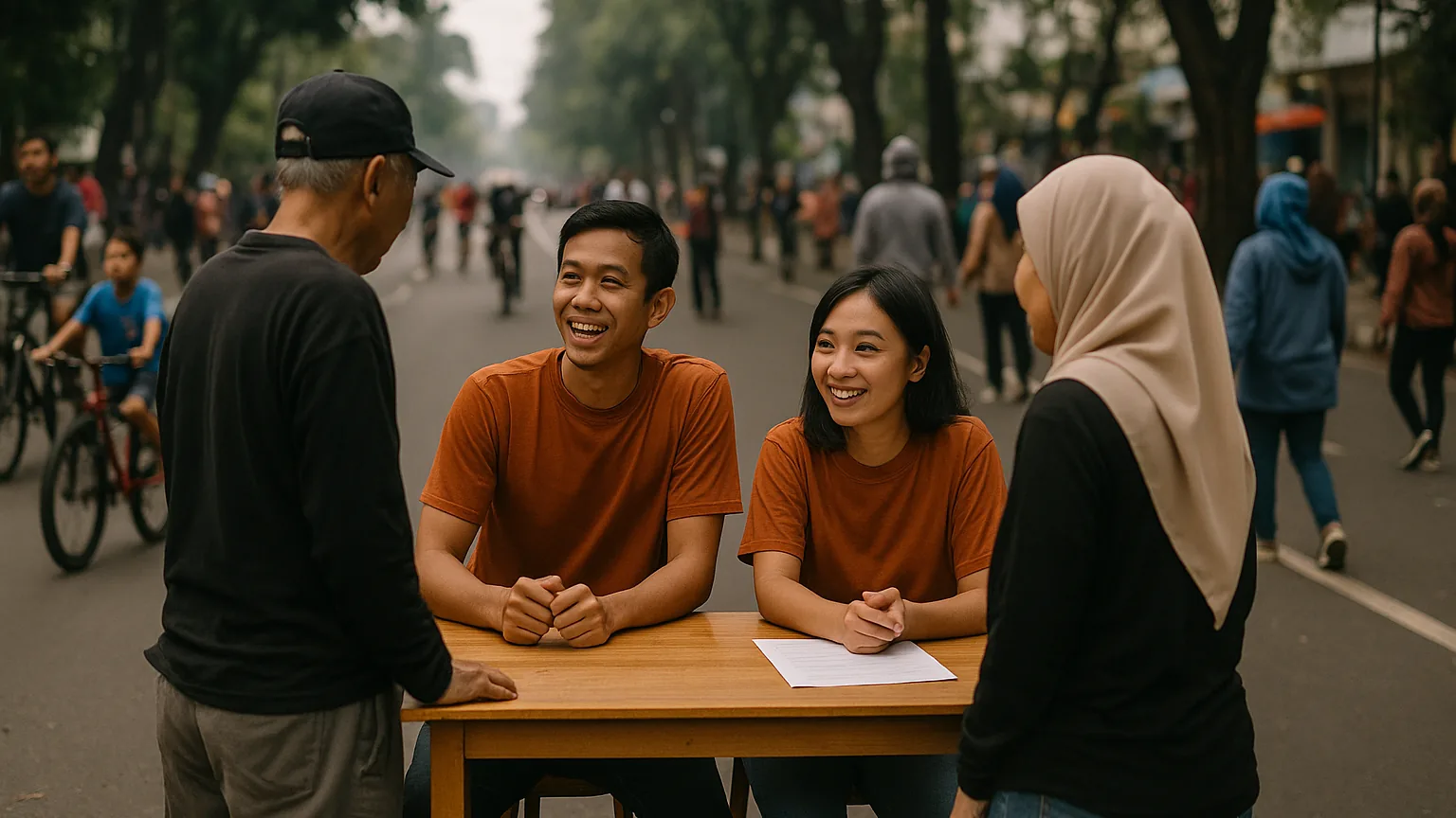 Anggota komunitas menjaga meja sambutan kecil di acara car-free-day hari Minggu