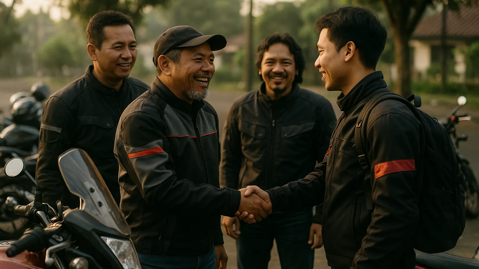 Rider lama menyambut dan memperkenalkan diri kepada anggota baru di titik kumpul sebelum touring bersama pagi Minggu