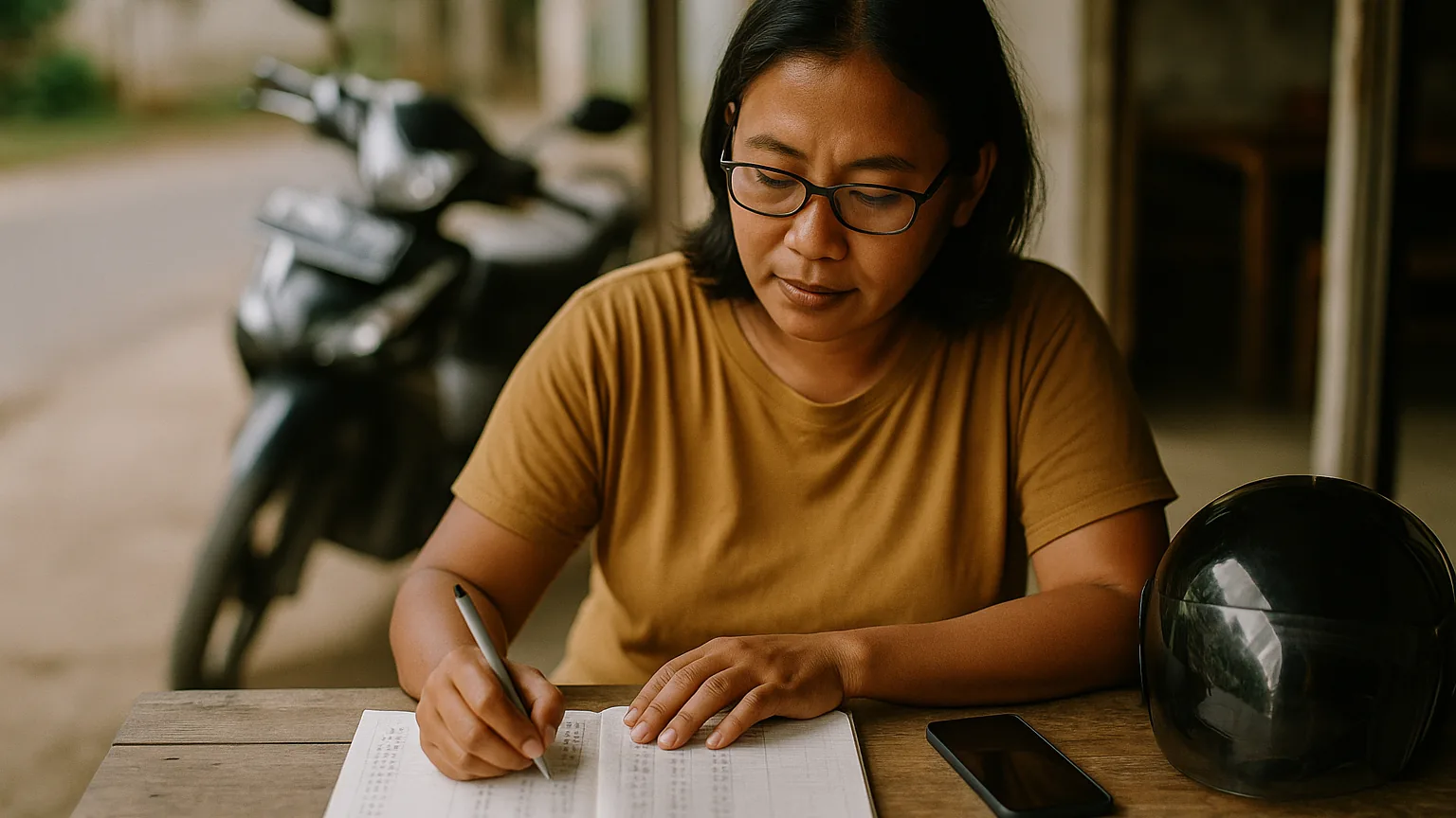 Pengurus komunitas di meja warung dengan buku catatan, ponsel dan helm, menelaah angka jumlah anggota