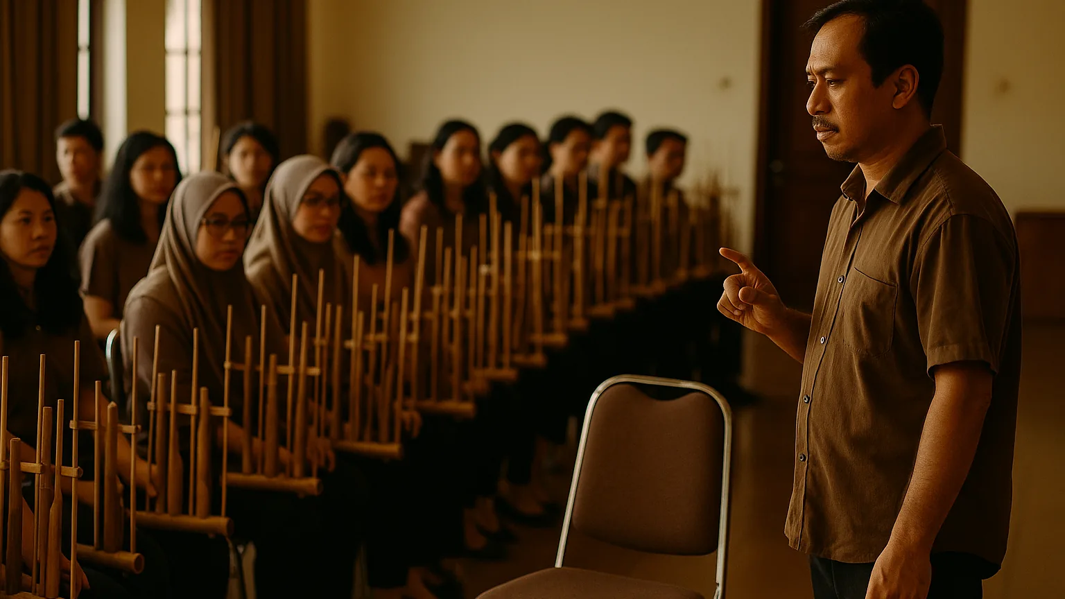 Pelatih sanggar angklung saat latihan menyadari kursi seorang anggota rutin kosong