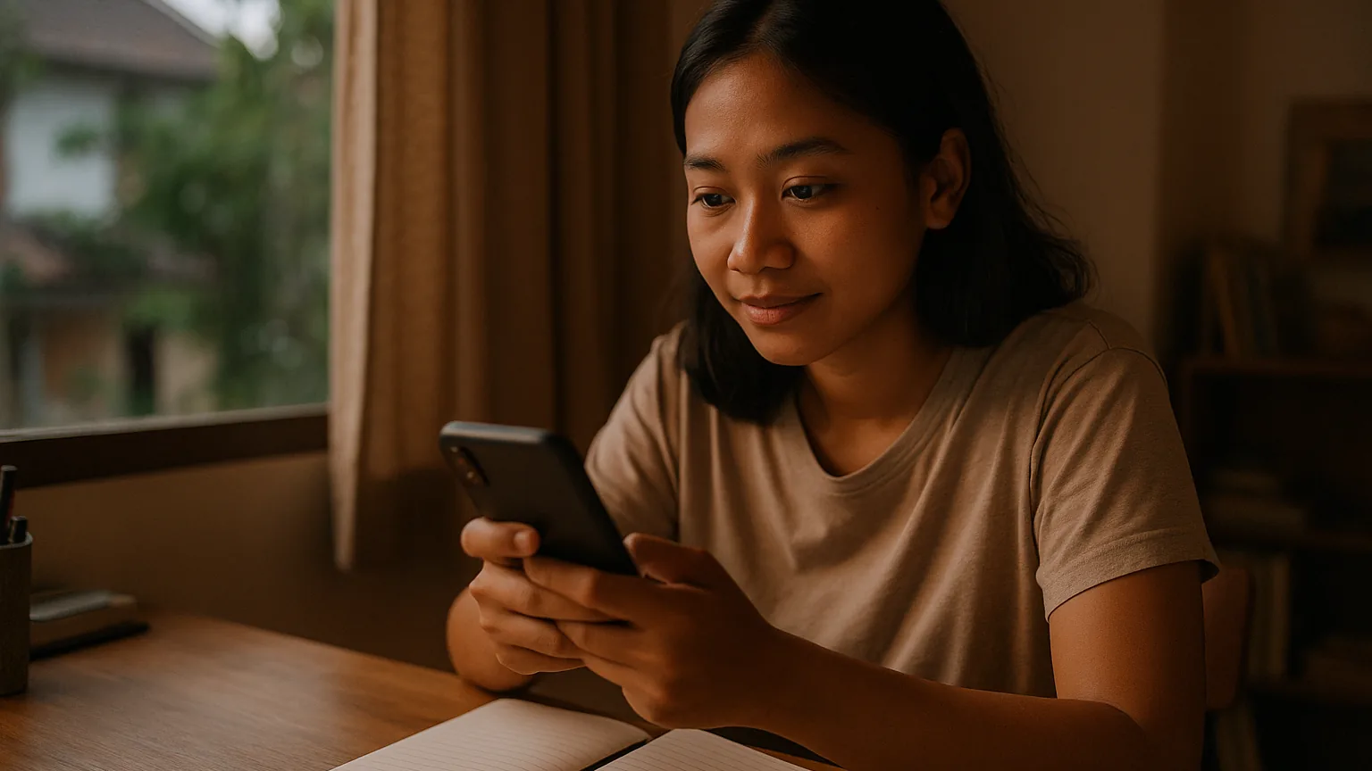 Seorang anggota memeriksa notifikasi pengingat di ponsel soal pemutaran film malam ini