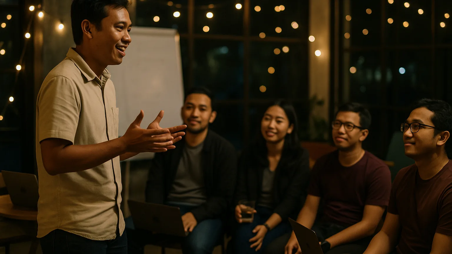 Seorang pengelola komunitas menjelaskan opsi pembayaran baru kepada para founder yang berkumpul di malam demo