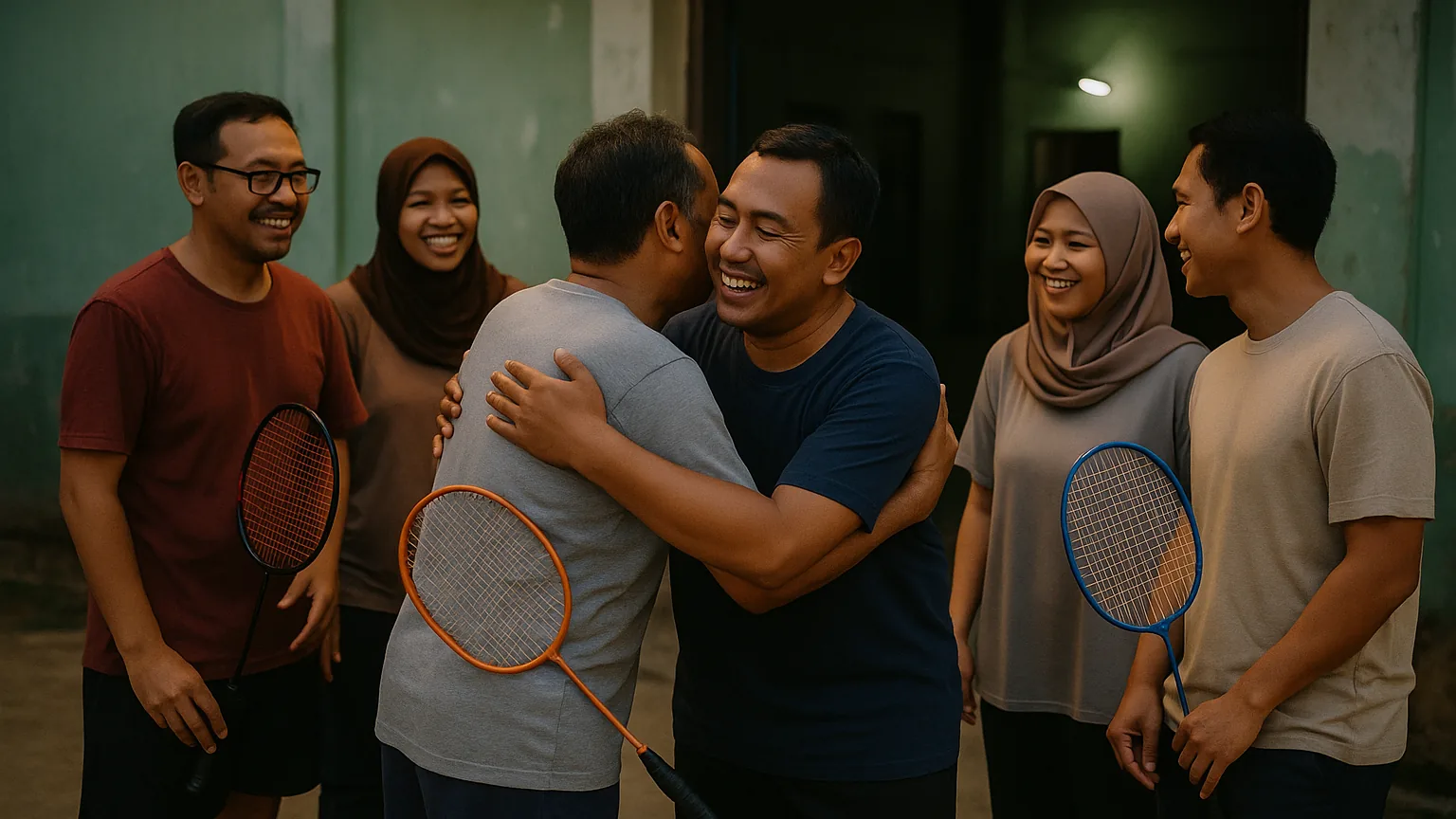 Sekelompok kecil orang dewasa berkumpul untuk sesi bulu tangkis santai di malam biasa di GOR komunitas