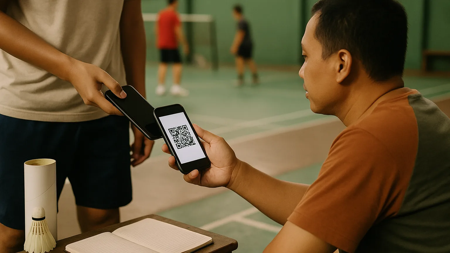 Seorang pengurus menerima pembayaran iuran kecil lewat kode QR di HP di tepi lapangan bulu tangkis