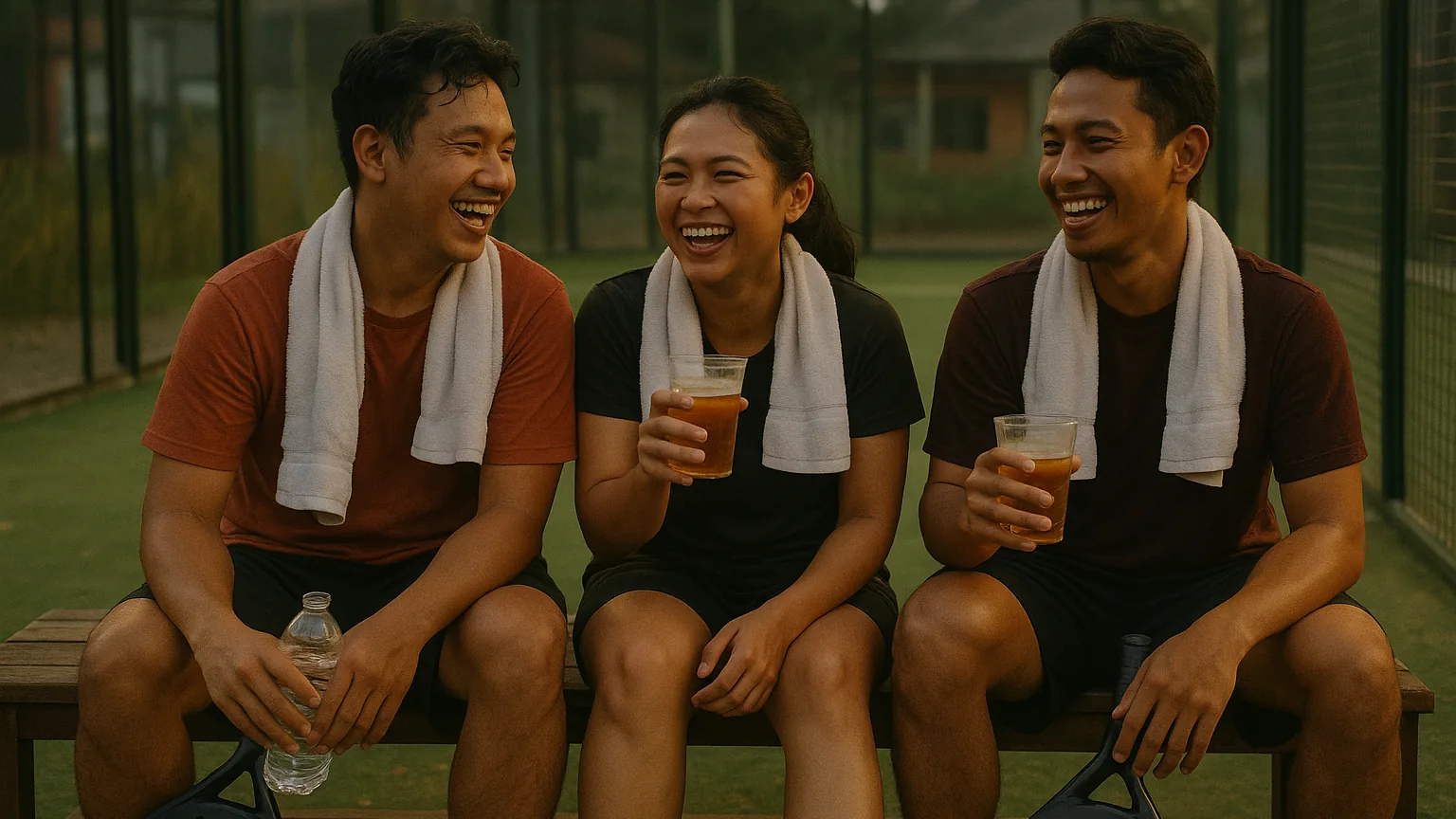 Pemain padel duduk di tepi lapangan setelah bermain, tertawa sambil minum dingin