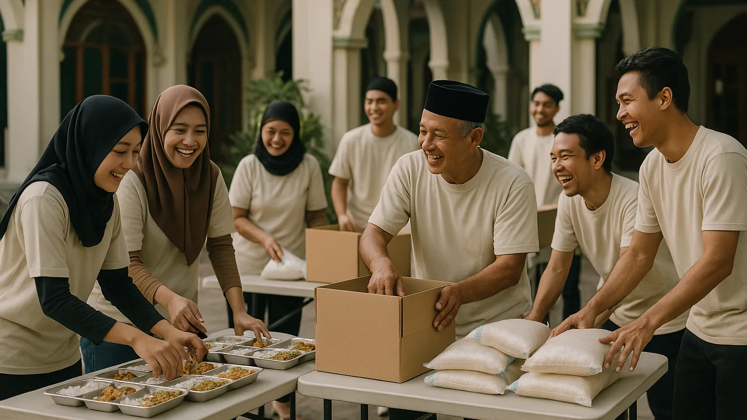 Relawan komunitas menata makanan dan bingkisan bersama di halaman masjid untuk santap bersama