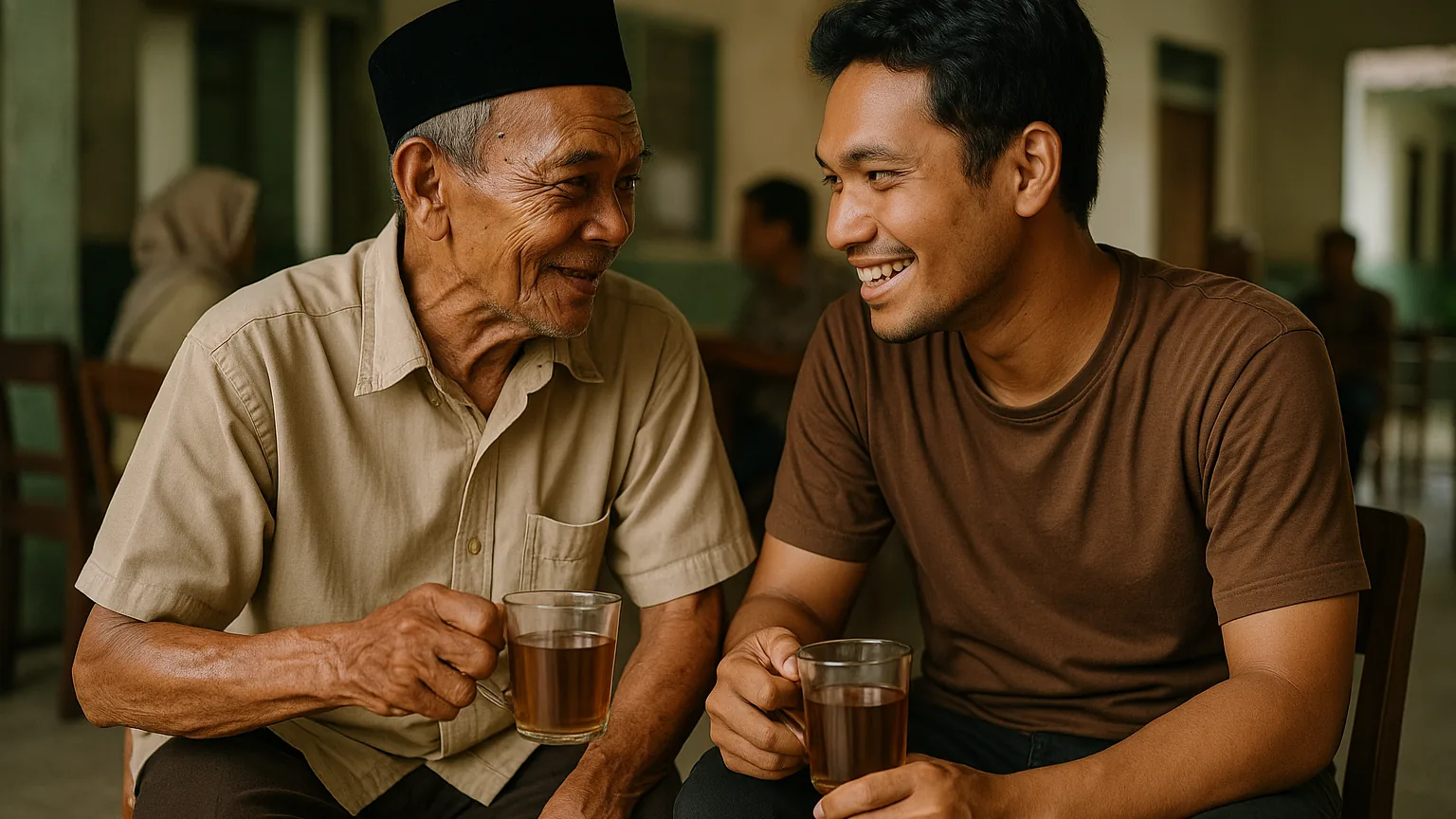 Dua anggota komunitas mengobrol hangat dan akrab sambil minum teh di sebuah pertemuan warga