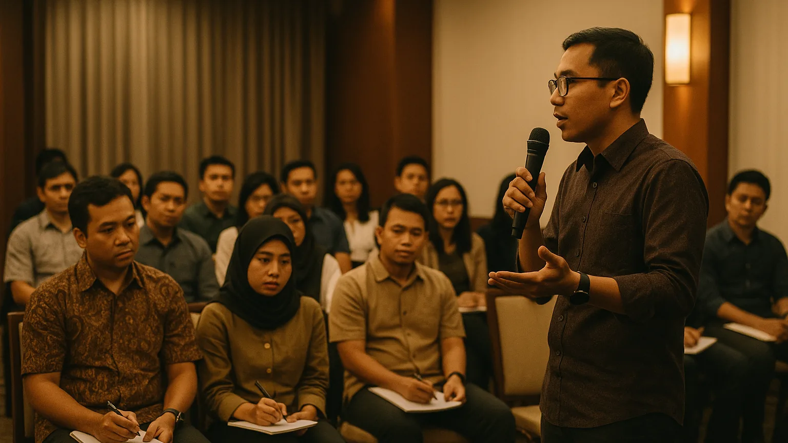 Kelompok yang lebih besar berisi profesional kopi berkumpul di rapat pertama asosiasi dagang yang baru terbentuk