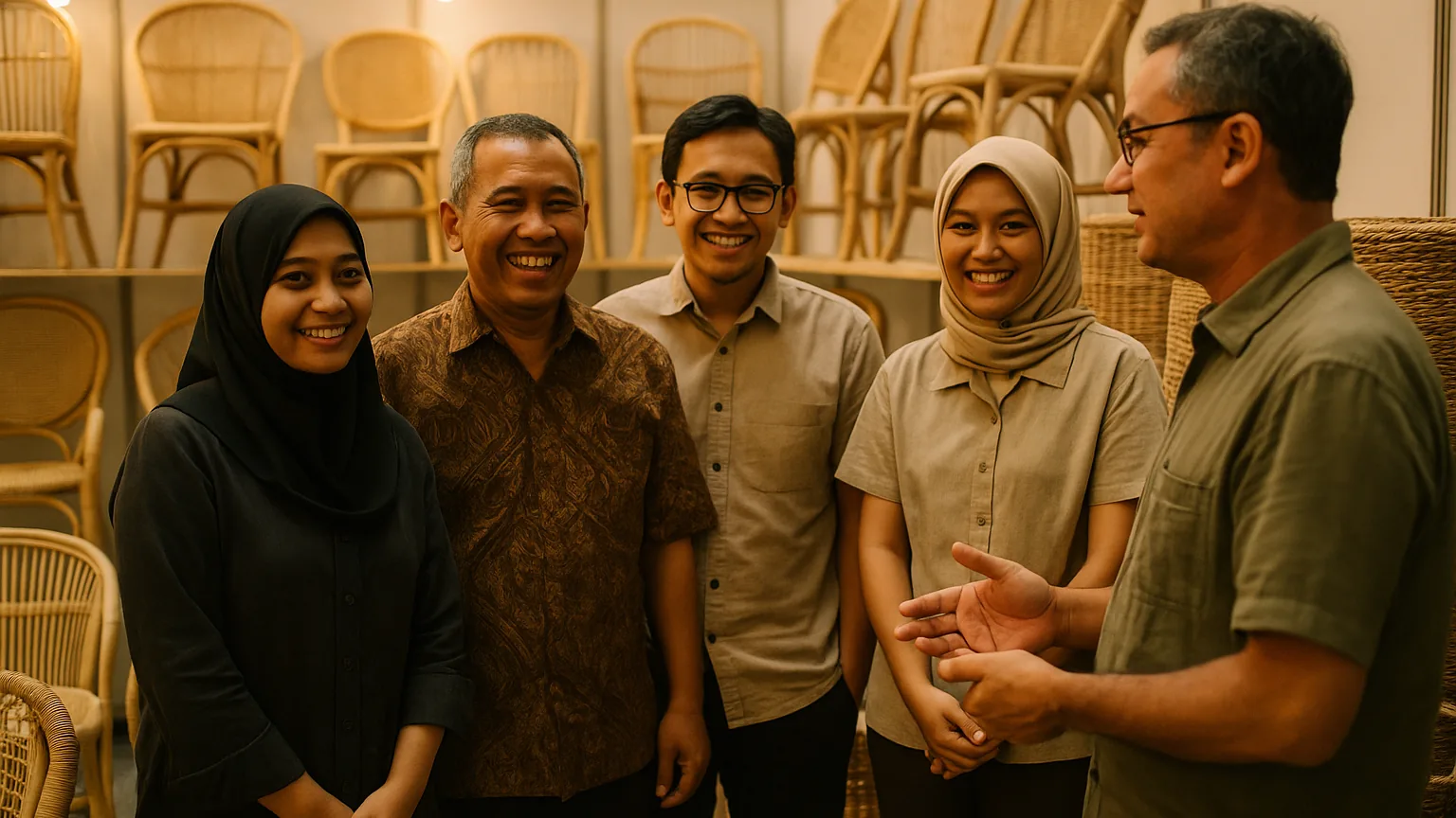 Anggota himpunan berdiri bersama di stan mebel rotan mereka di sebuah pameran dagang