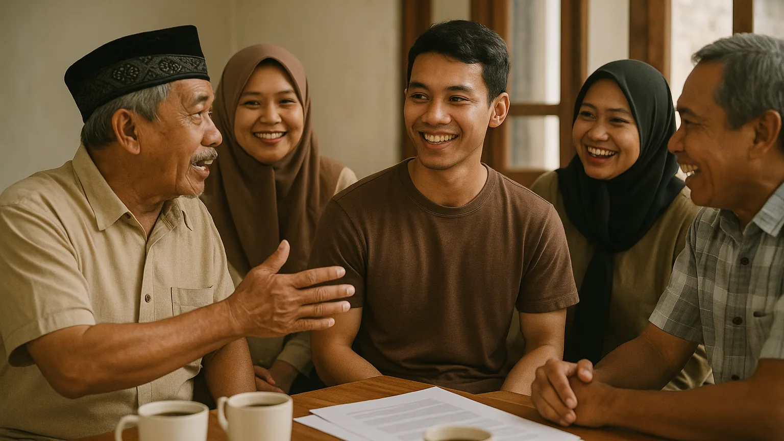 Anggota kelompok komunitas mengobrol hangat dengan pendatang baru di sebuah kopi darat santai