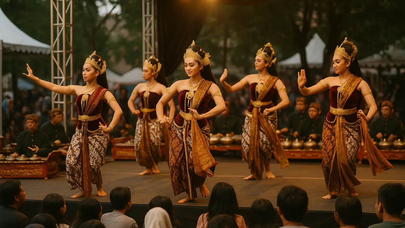 Sanggar tari tradisional Jawa pentas di panggung terbuka, penari berkostum lengkap dengan penabuh gamelan di belakang