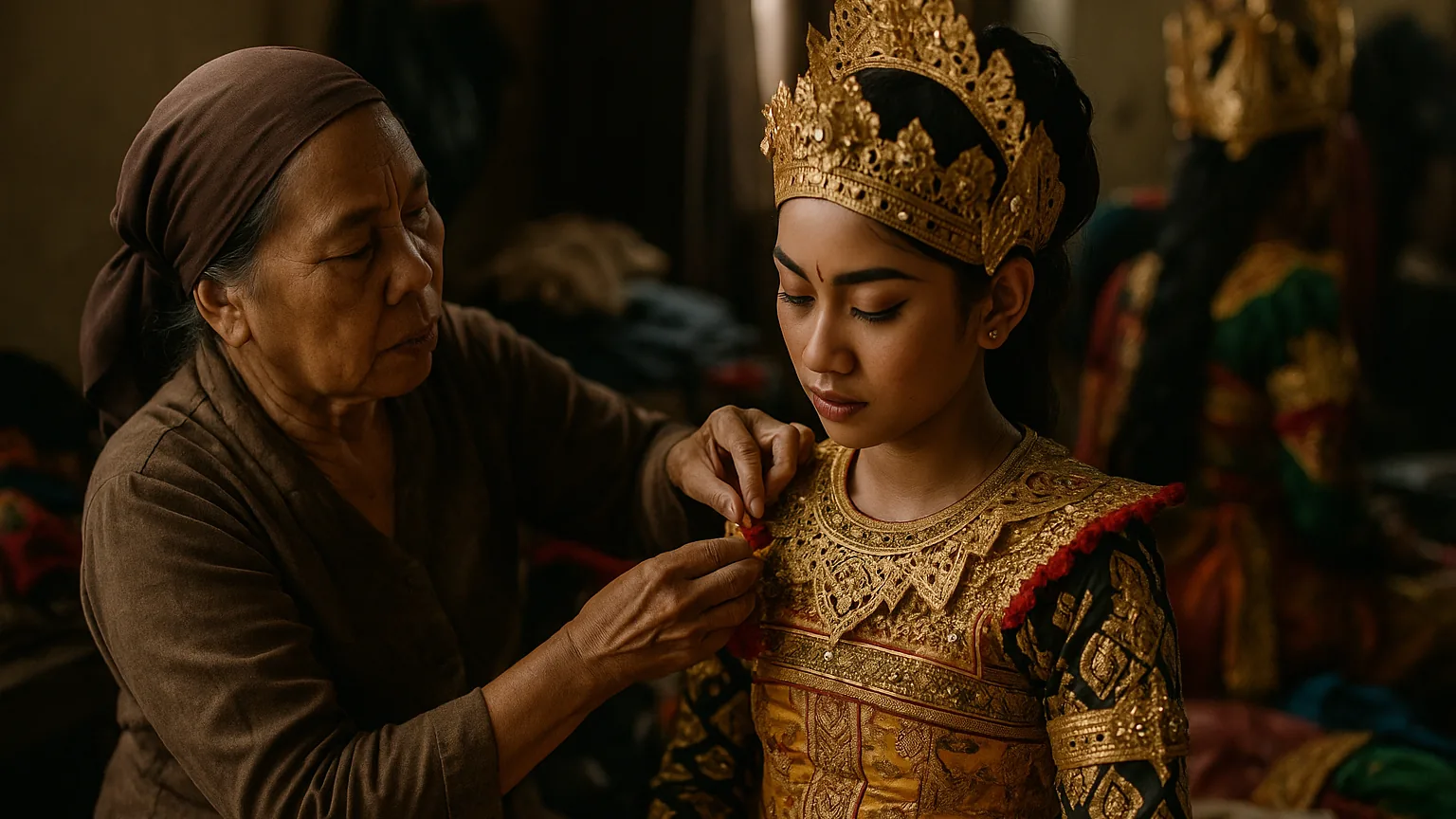 Di belakang panggung, perempuan yang lebih tua membantu penari muda merapikan kostum dan hiasan kepala tradisional yang rumit sebelum pentas