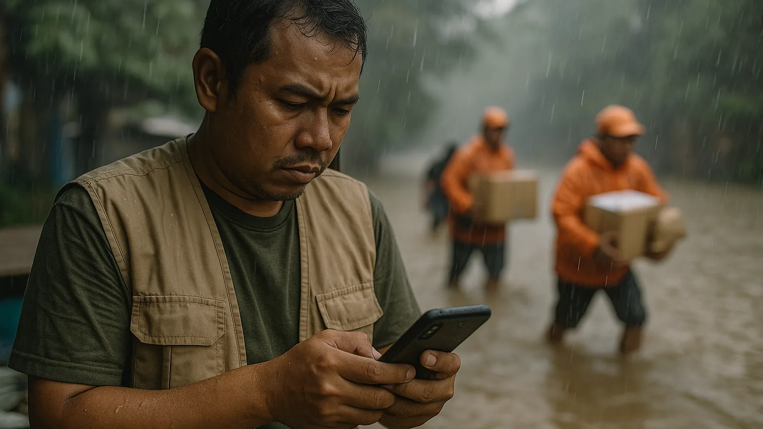 Koordinator relawan mengirim pesan penerjunan darurat dari HP saat tanggap banjir