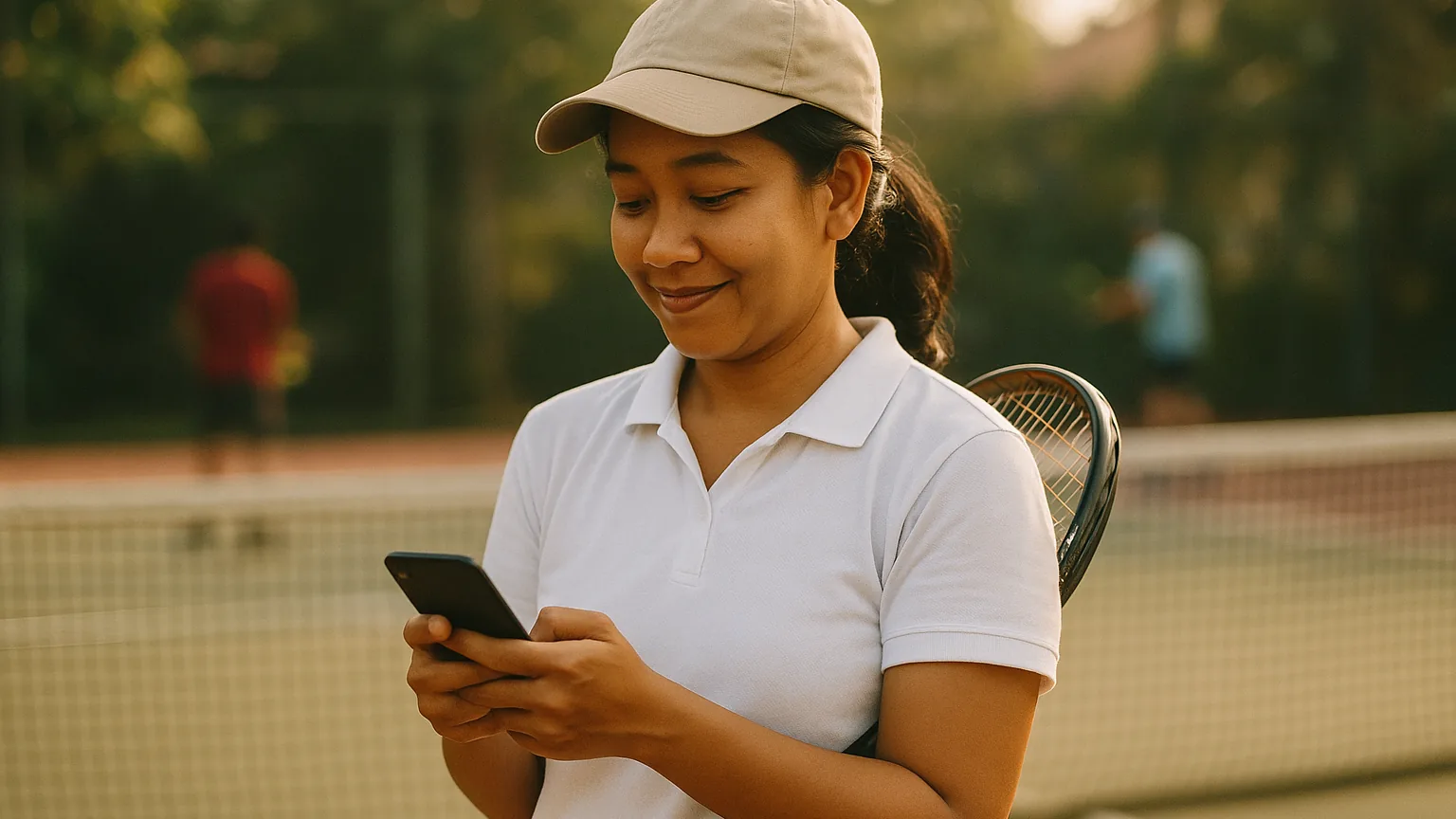 Anggota klub tenis mengecek ponselnya di pinggir lapangan di sela permainan
