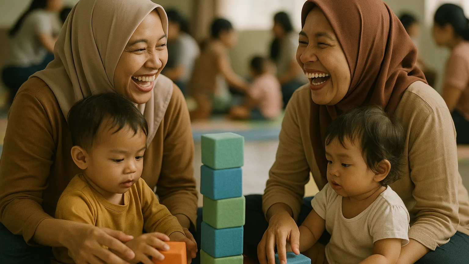 Orang tua dan balita di sesi playgroup dalam ruangan, para ibu mengobrol sementara anak-anak bermain balok lunak di atas matras