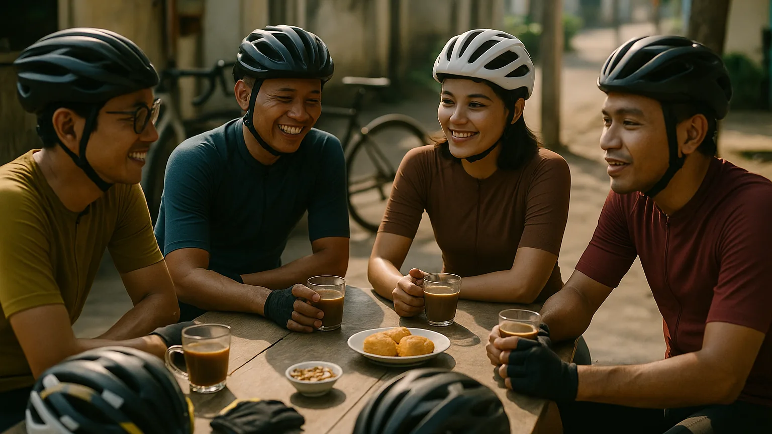 Anggota klub sepeda komunitas mengobrol sambil ngopi seusai gowes akhir pekan