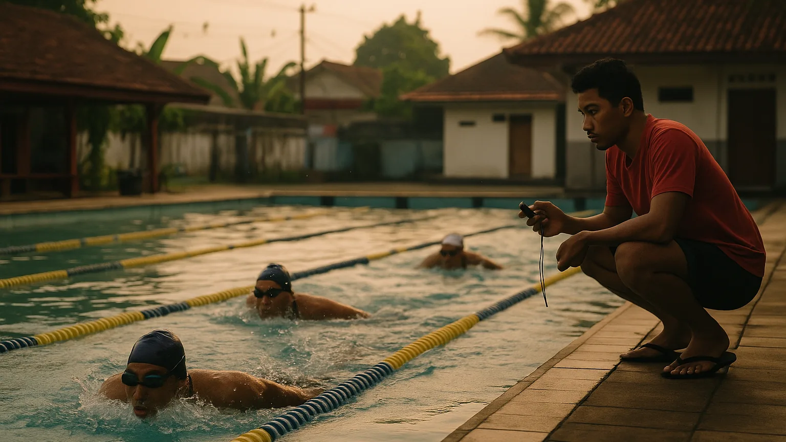 Perenang pagi latihan lintasan di kolam renang umum Indonesia sementara pelatih mengawasi dari tepi kolam