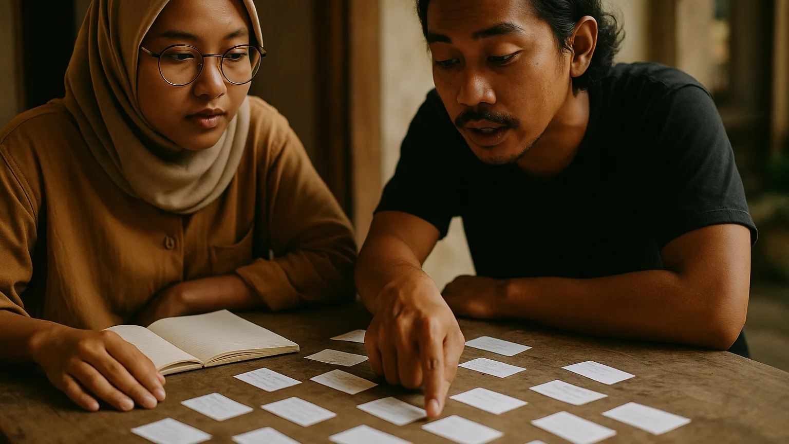 Anggota komunitas kreatif berdiskusi soal nama tier keanggotaan di sekeliling meja