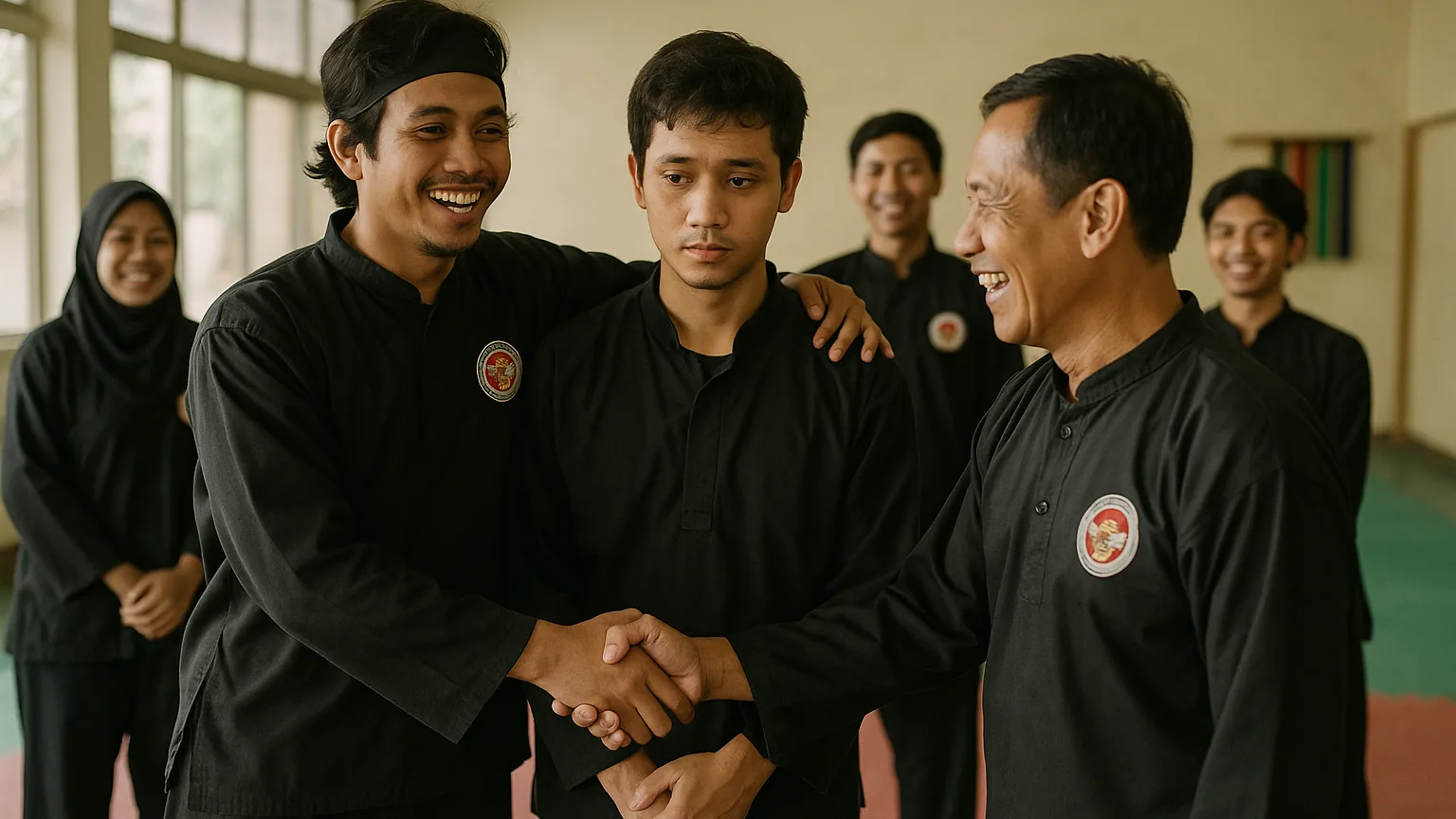 Anggota pencak silat mengenalkan seorang teman kepada kelompok sebelum sesi latihan di sasana