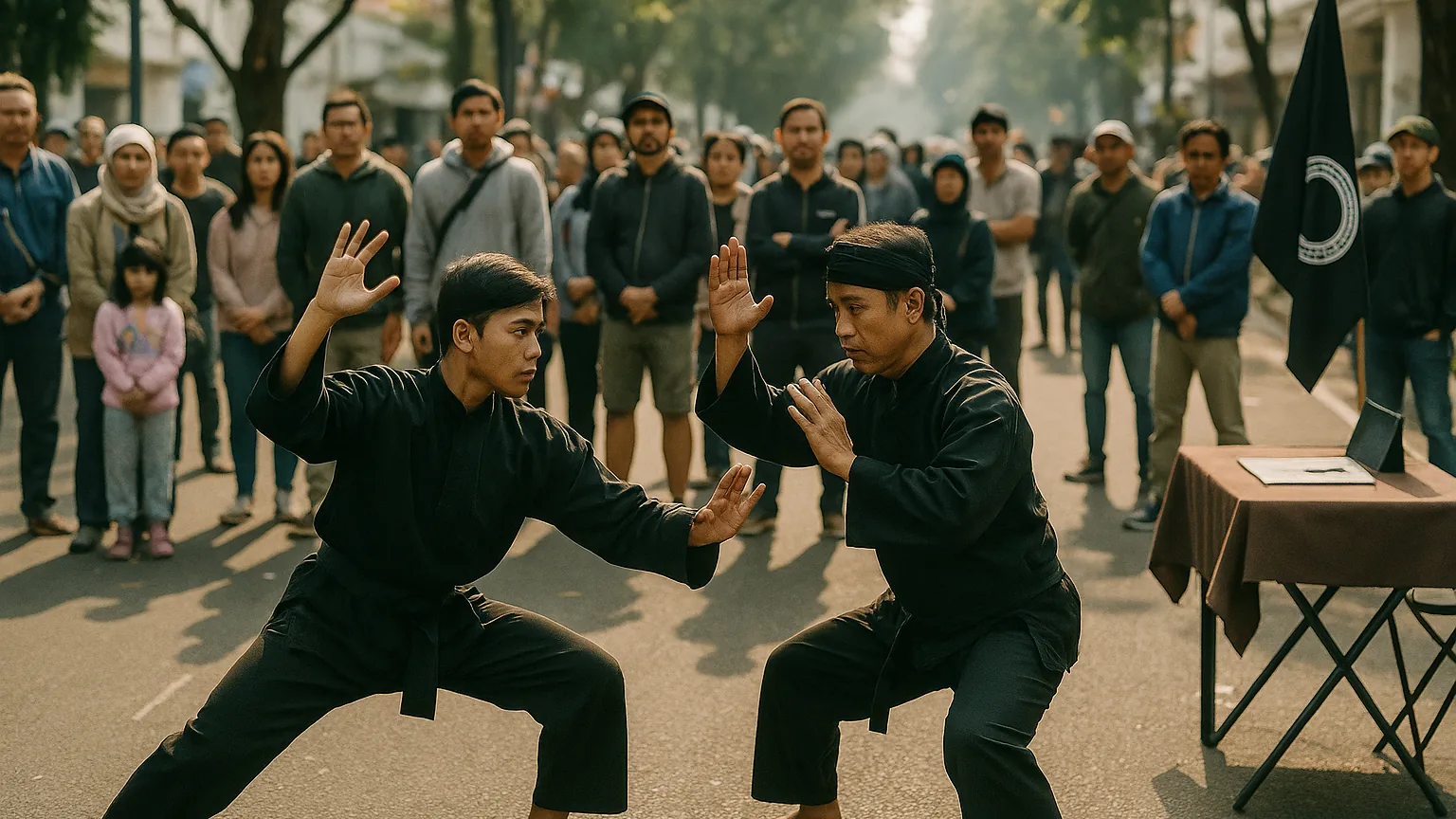 Anggota pencak silat memperagakan jurus singkat di depan kerumunan orang yang lewat saat Car Free Day Minggu pagi