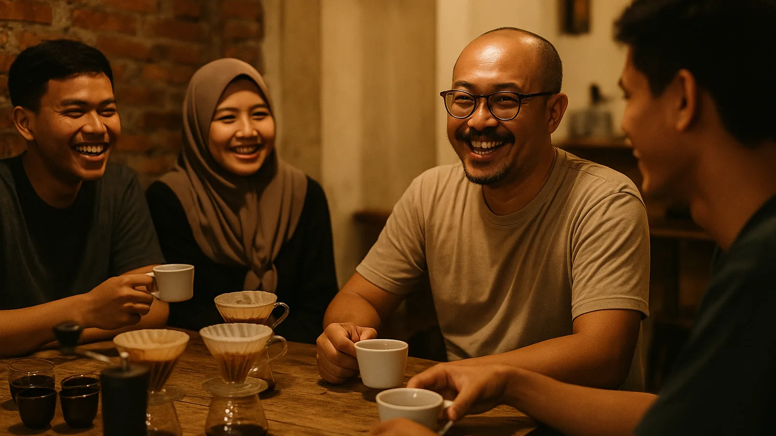 Seorang duta klub mengobrol hangat dengan anggota sambil menikmati kopi di akhir sesi seduh yang santai