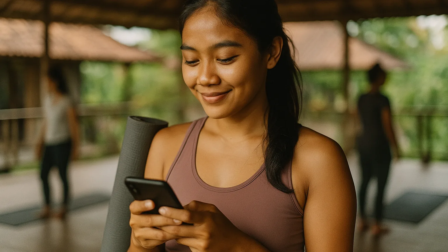 Anggota studio yoga membaca email perpanjangan di ponselnya sambil menggulung matras seusai kelas