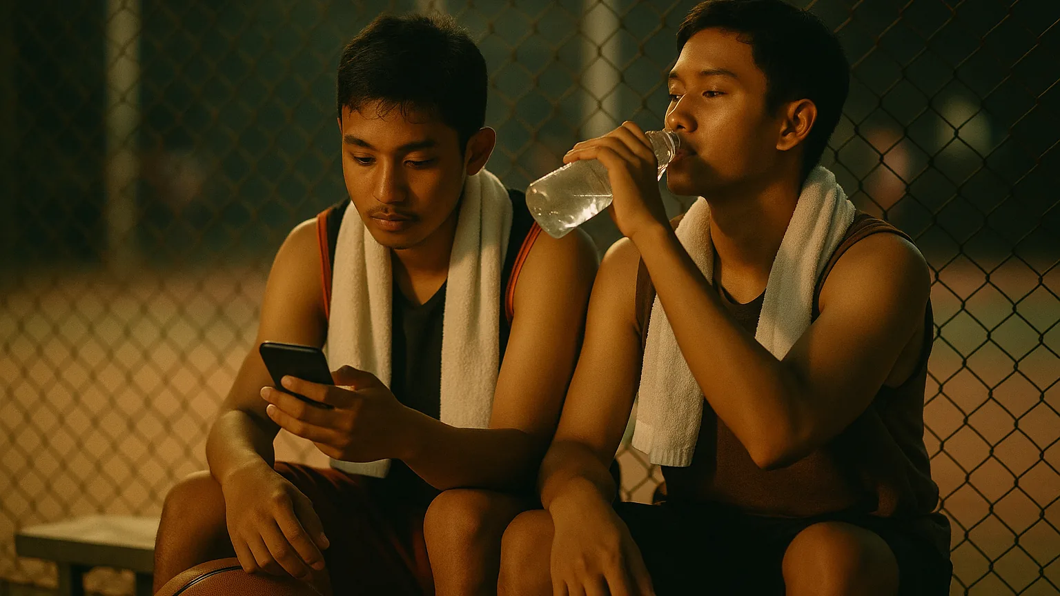 Pemain streetball memeriksa ponsel di pinggir lapangan saat jeda antar pertandingan