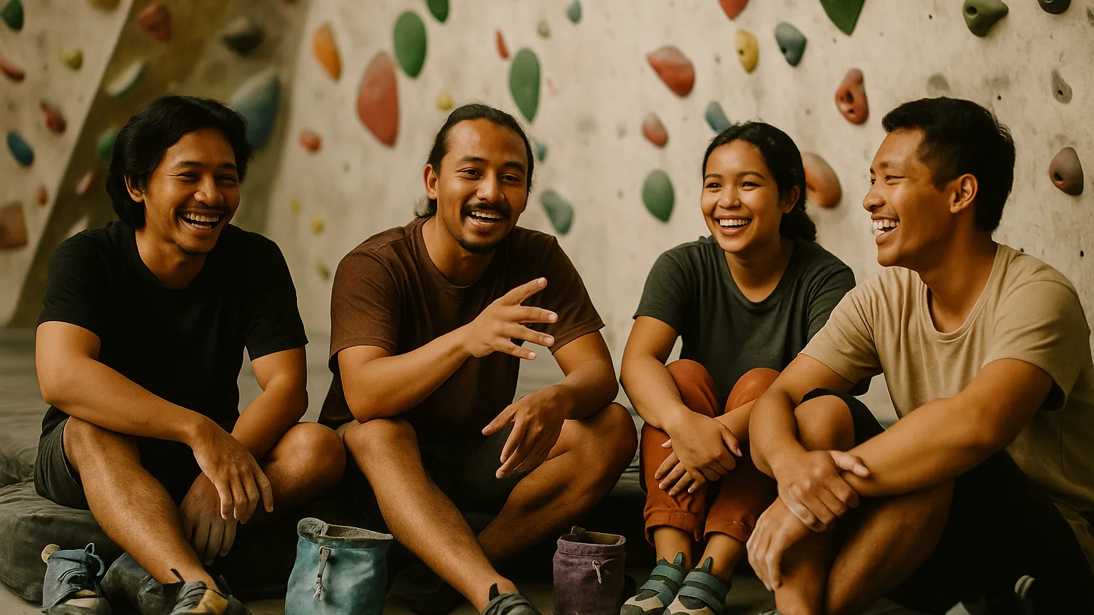 Para pemanjat duduk di matras crash pad, mengobrol dan beristirahat di sela percobaan di dinding bouldering indoor